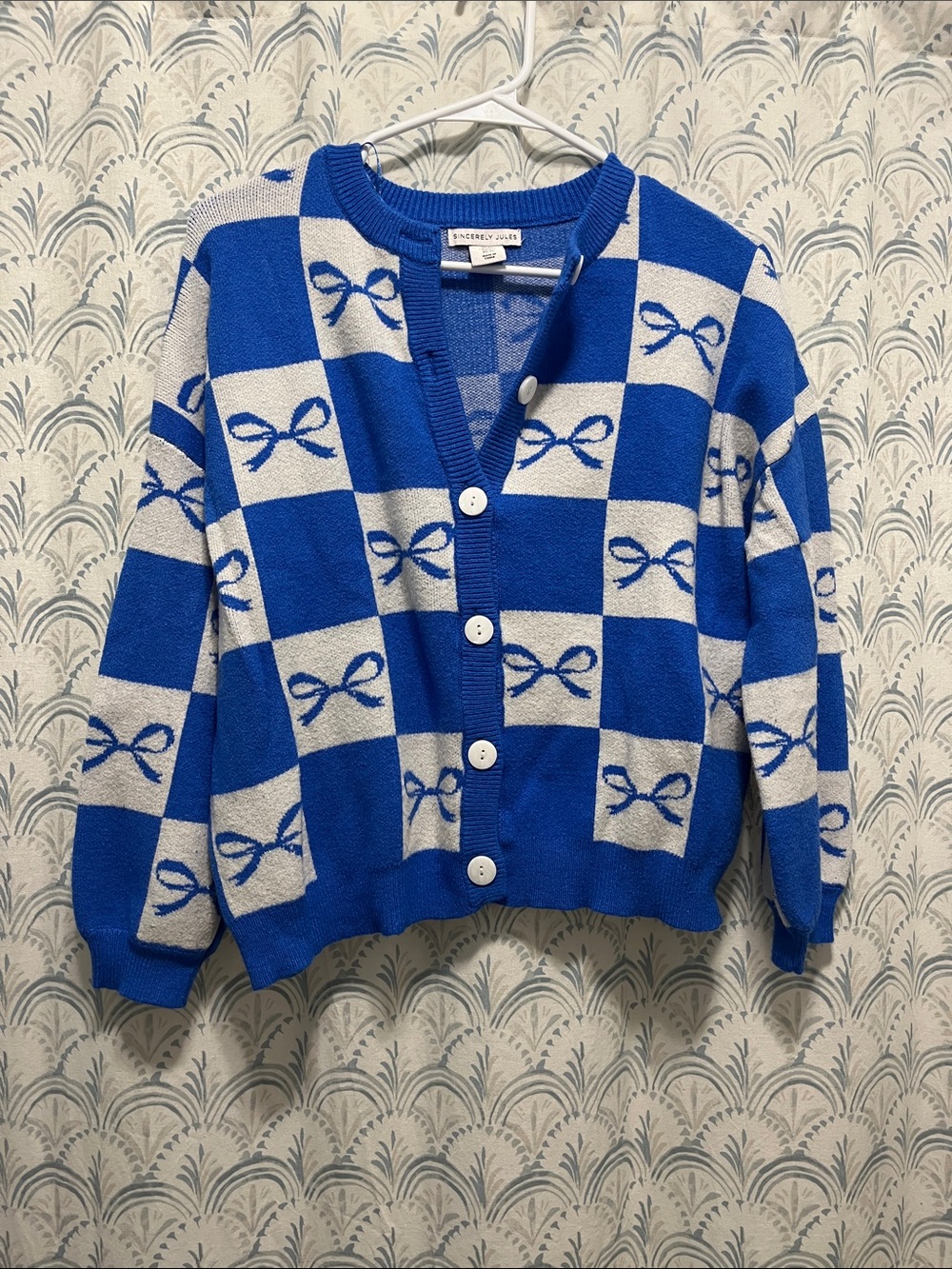 Sincerely Jules Blue and Cream Bow-Check V-Neck Button Cardigan